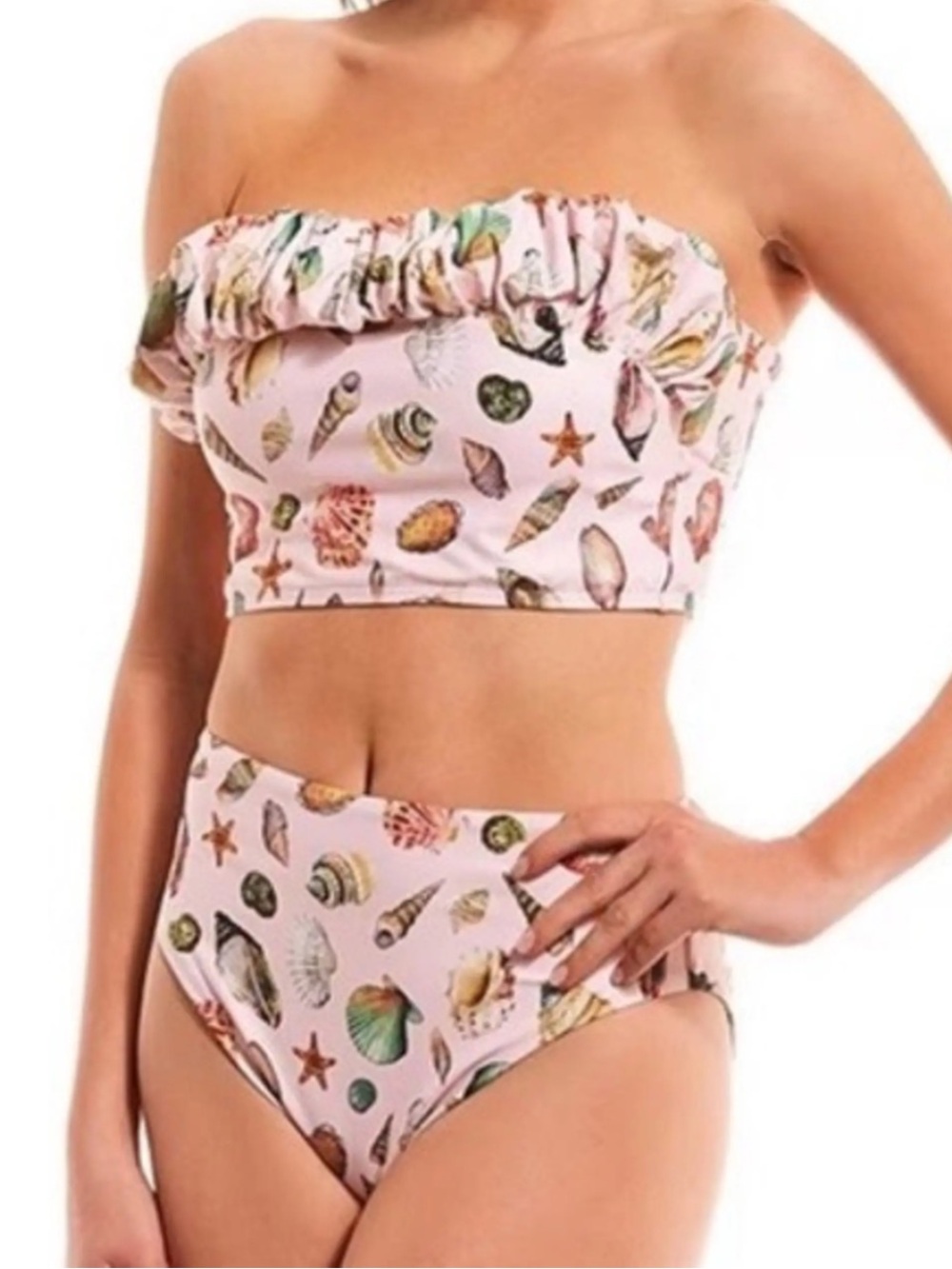 ANTONIO MELANI Pink Shell-Print Ruffled Bandeau Bikini
